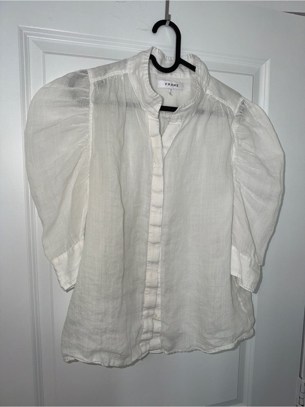 Frame Denim White Puff-Sleeve Button-Front Linen Shirt